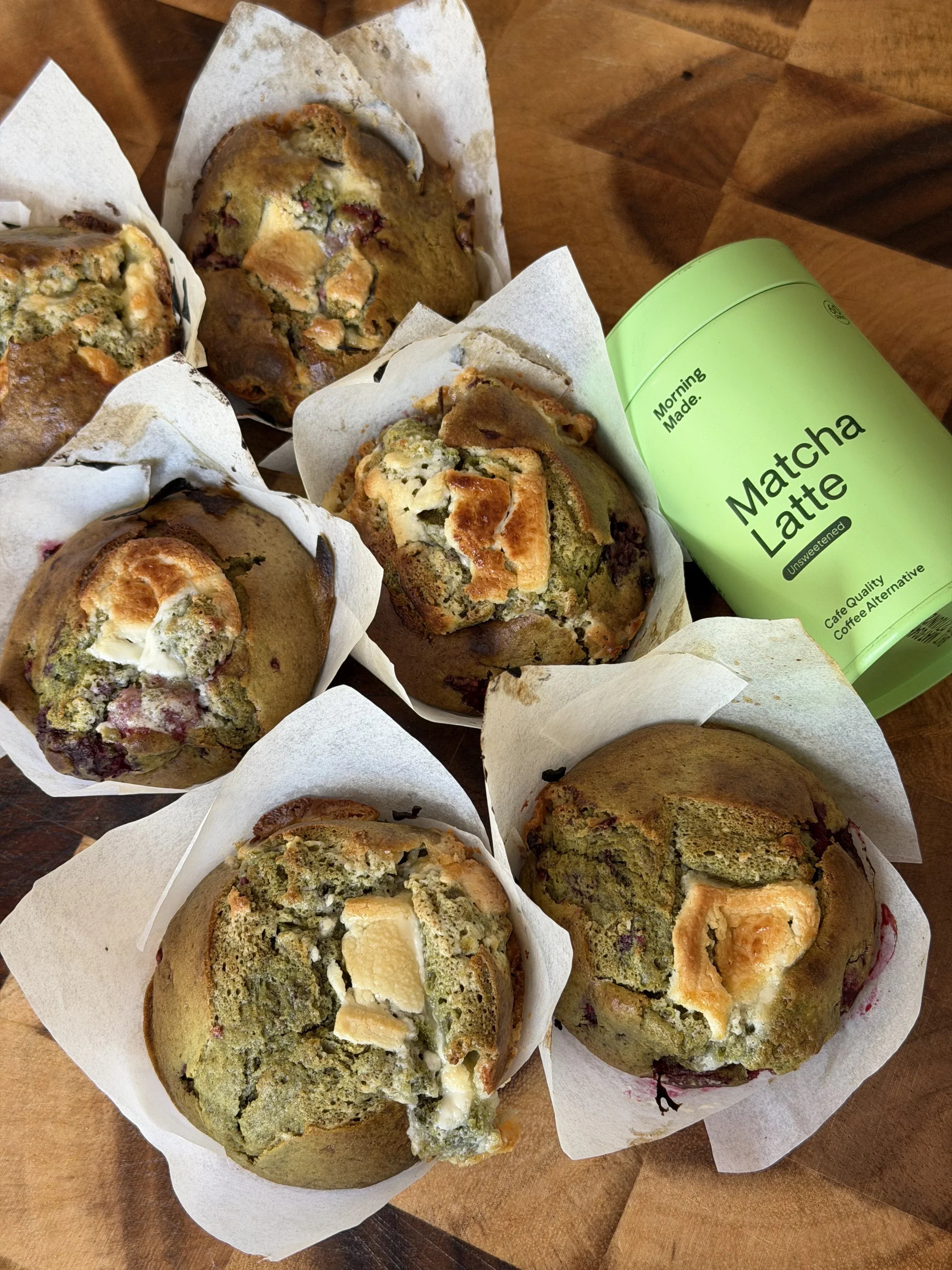 White Chocolate Matcha Raspberry Muffins